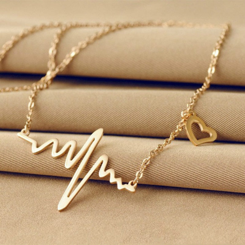 Simple Wave Heart Necklace | ECG Heartbeat Gold Pendant Charm | Necklace for Women Vintage Jewelry - Vintage tees for Women