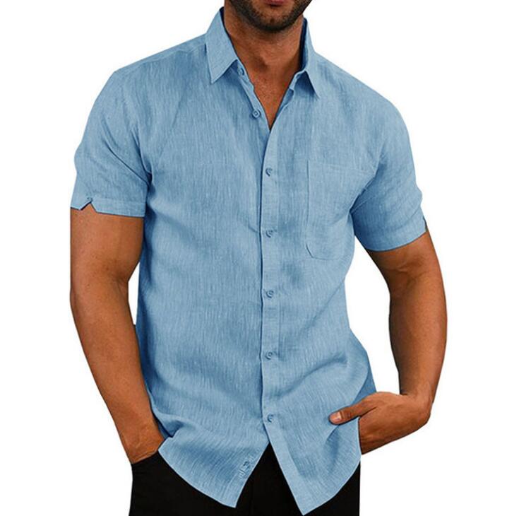 Short Sleeve Shirt Men Lapel Neck Button Pockets Solid Male Blouse Tops Men Brand Clothes - Vintage tees for Women