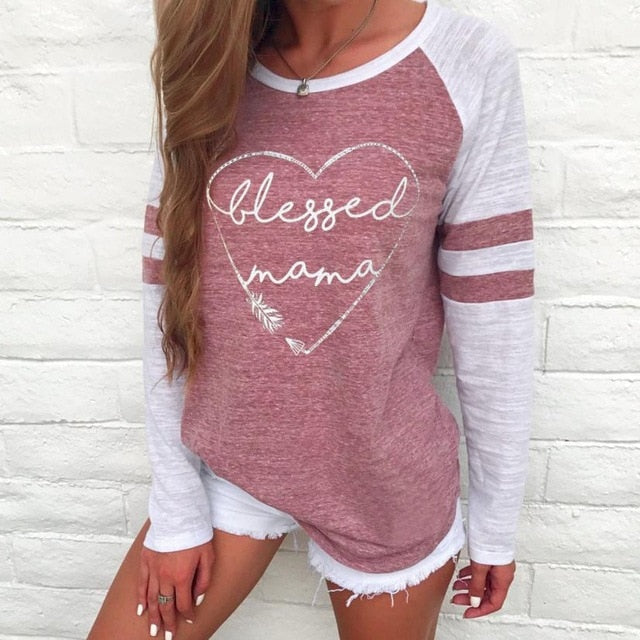 Blessed Mama Women's Long Sleeve Vintage Patchwork T-Shirt - Vintage tees for Women