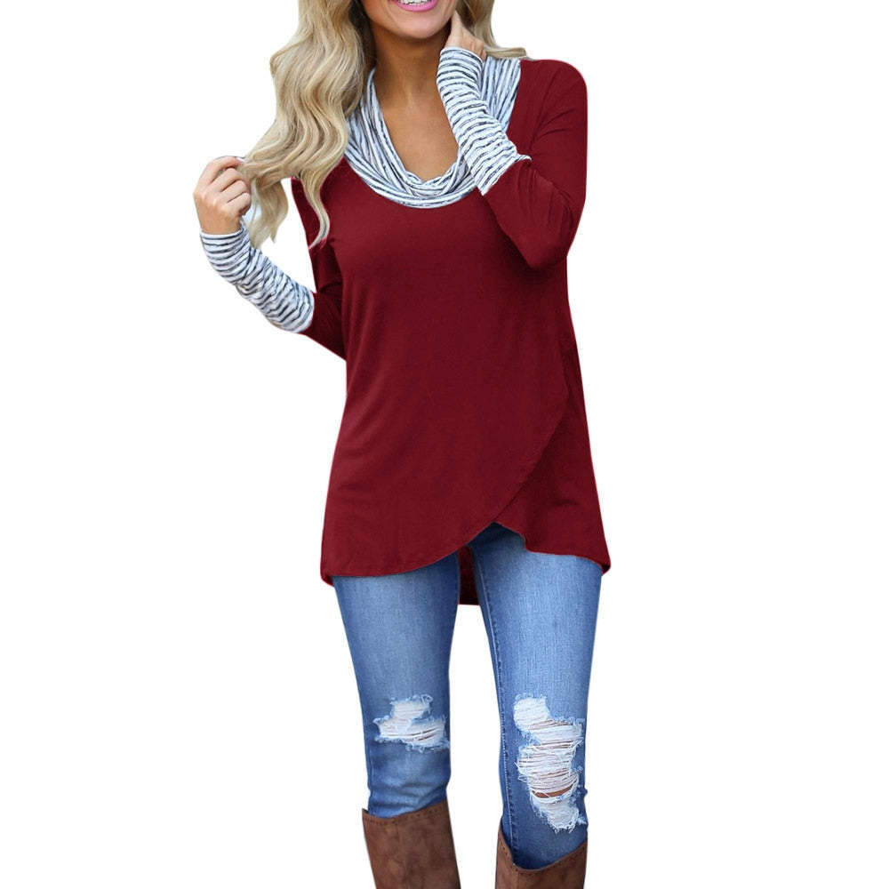 Winter Women t-shirt | O-Neck Stripe Long Sleeve | Casual Stripe Cotton Blend Shirt