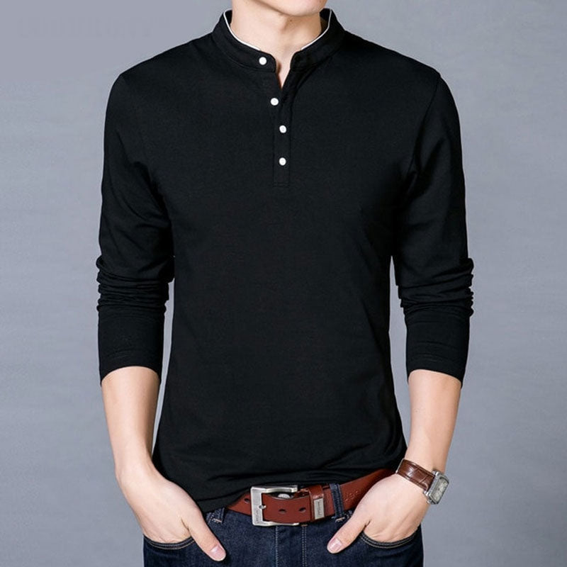 Men's Spring Autumn New Cotton T Shirt Solid Color Mandarin Collar Long Sleeve Top