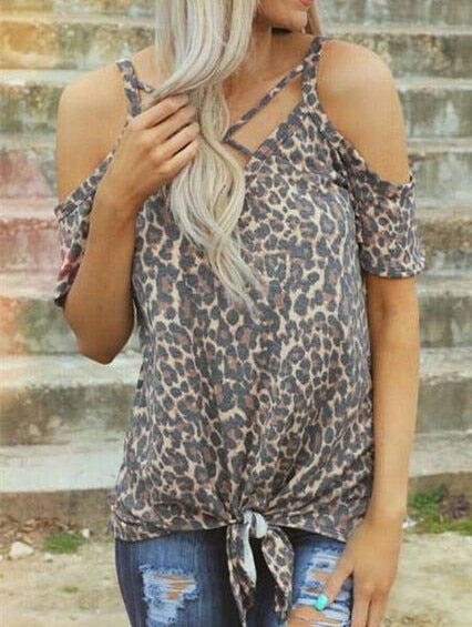 Women T-Shirt Female Leopard Printed Cold Shoulder Tees - Vintage tees for Women