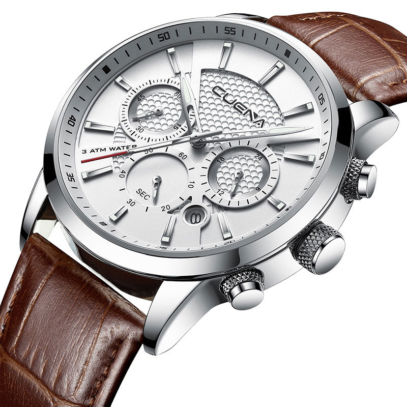 CUENA Men's Watch | Stopwatch Date Luminous Hands Genuine Leather 30M Waterproof Clock | Man Quartz Watch | Men Fashion Watch - Vintage tees for Women