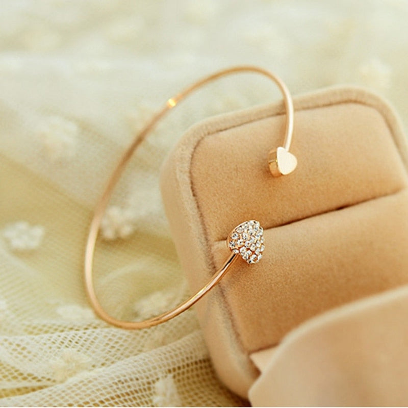 Adjustable Crystal Double Heart Bow Bilezik Cuff | Opening Bracelet For Women Gift - Vintage tees for Women