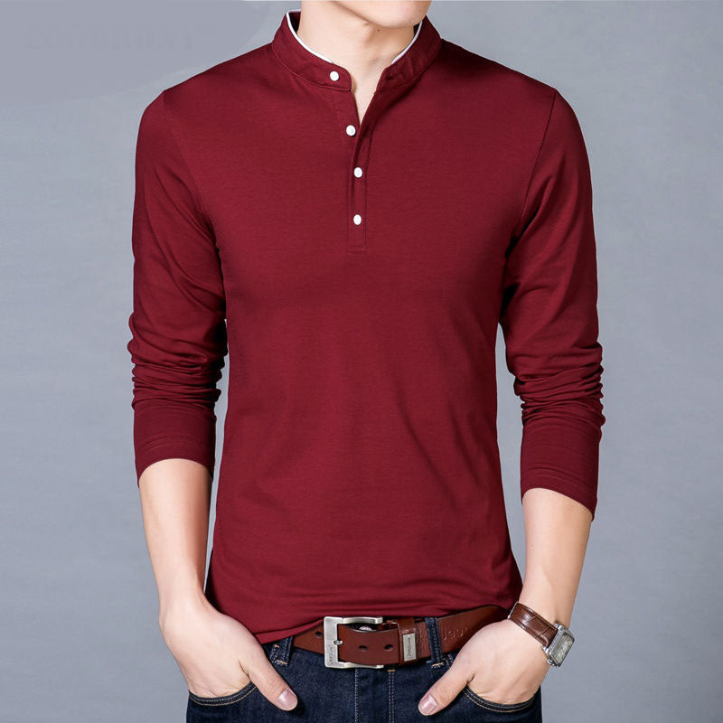 Men's Spring Autumn New Cotton T Shirt Solid Color Mandarin Collar Long Sleeve Top - Vintage tees for Women