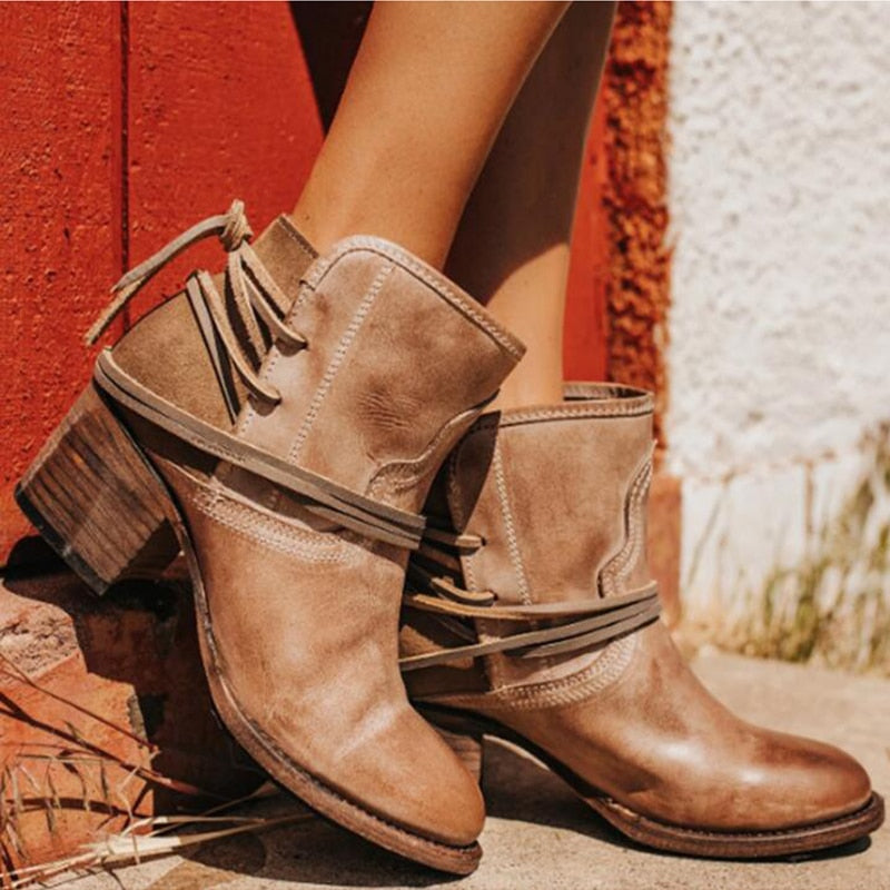 Ankle Boots Plus Size Women Retro High Heels | Block Heel Shoes For Female Flock Buckle Strap | Short boots woman shoes - Vintage tees for Women