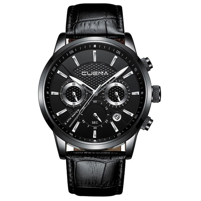 CUENA Men's Watch | Stopwatch Date Luminous Hands Genuine Leather 30M Waterproof Clock | Man Quartz Watch | Men Fashion Watch - Vintage tees for Women