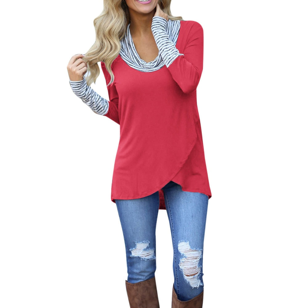 Winter Women t-shirt | O-Neck Stripe Long Sleeve | Casual Stripe Cotton Blend Shirt - Vintage tees for Women