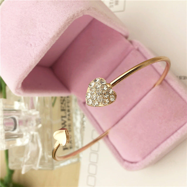 Adjustable Crystal Double Heart Bow Bilezik Cuff | Opening Bracelet For Women Gift - Vintage tees for Women