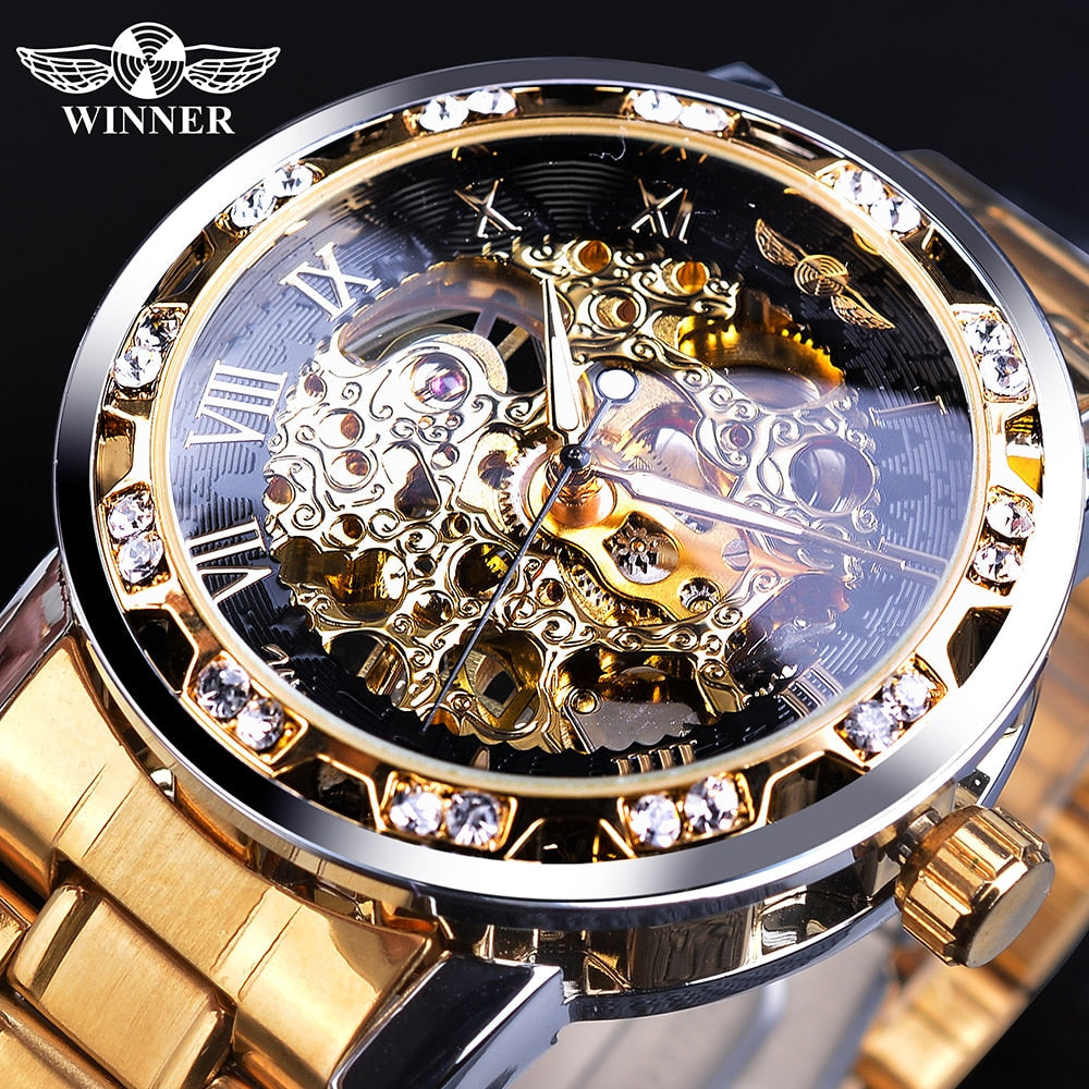 Winner Golden Watch | Classic Rhinestone Clock | Roman Analog Male Skeleton Clocks Mechanical Stainless Steel Band Luminous Watch