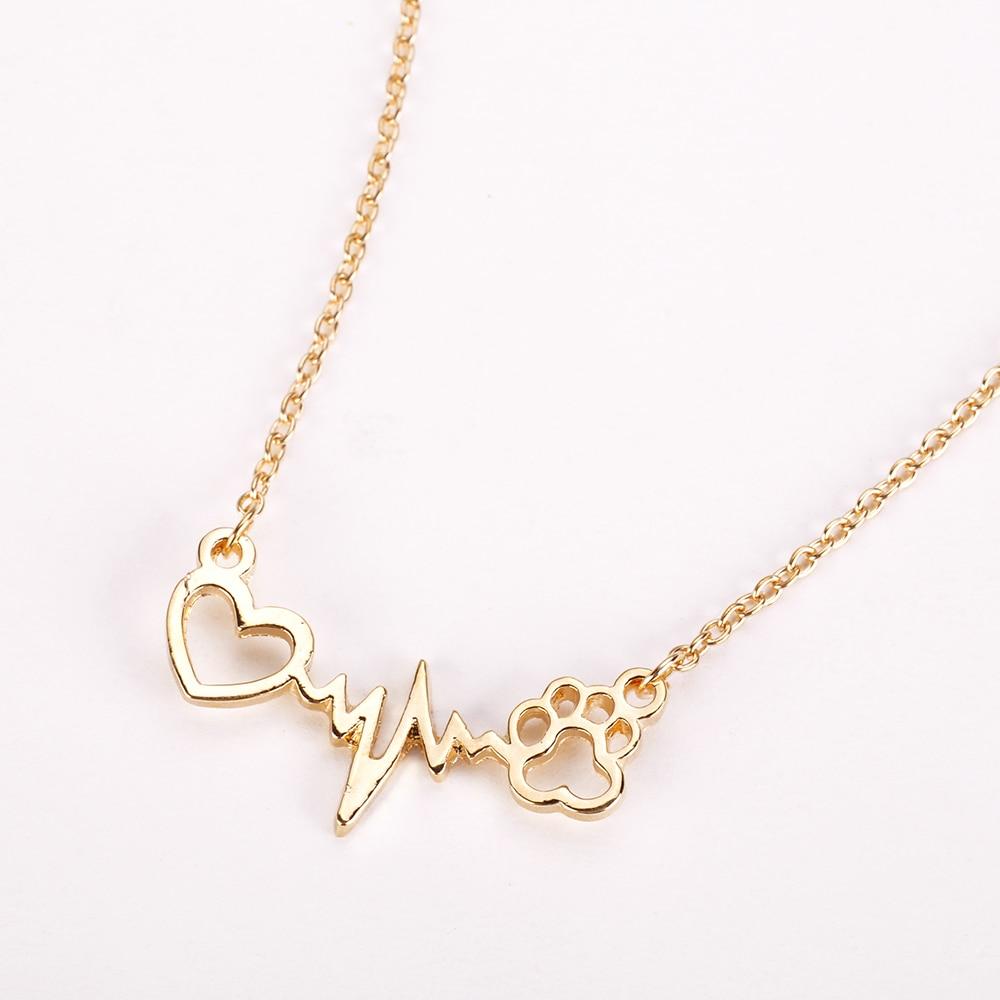 Pets Dogs Footprints Paw Heart Love Chain Pendant Necklace - Vintage tees for Women