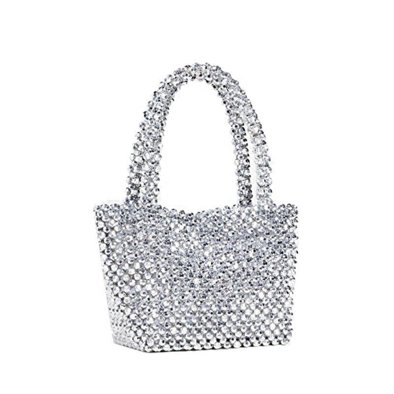 Pearls Bag Beaded Box Totes Bag | Women Party Vintage Silver Bucket Handbag - Vintage tees for Women