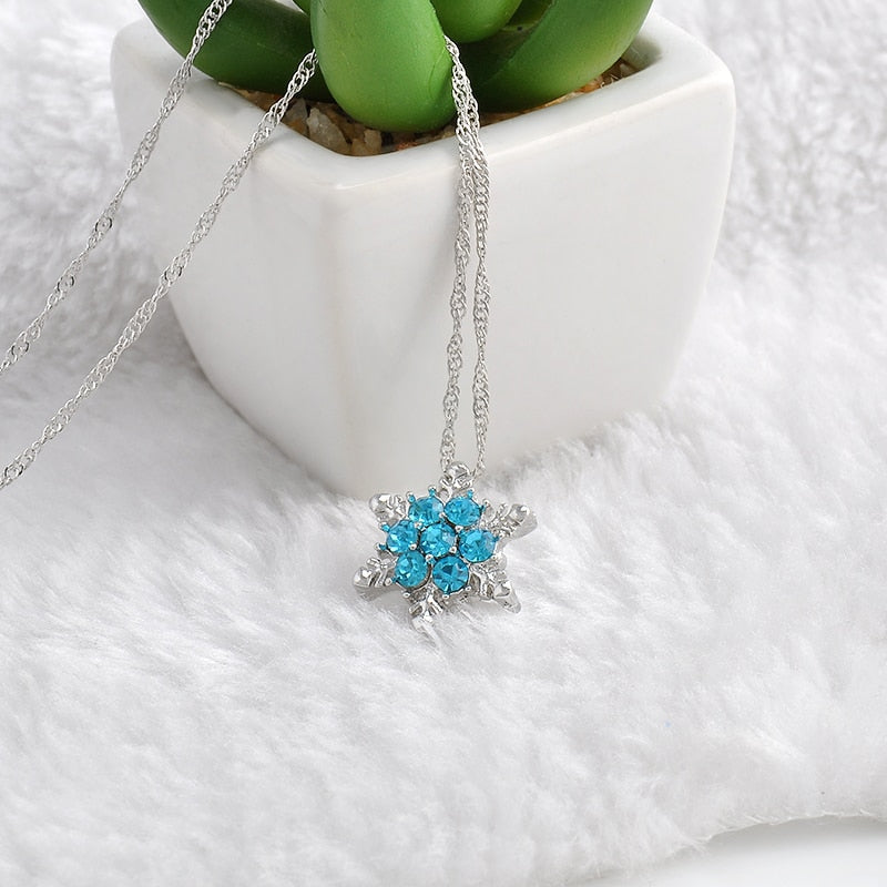 Charm Vintage lady Blue Crystal Snowflake | Zircon Flower Silver Necklaces & Pendants gift for Women - Vintage tees for Women