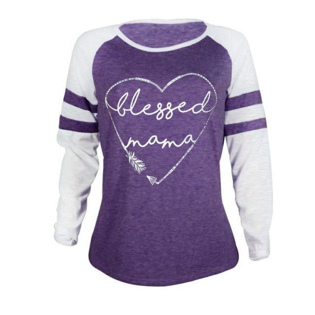Blessed Mama  Women's Long Sleeve Vintage Patchwork T-Shirt