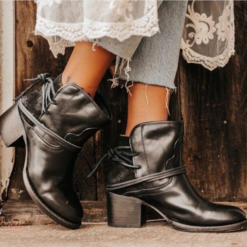 Ankle Boots Plus Size Women Retro High Heels | Block Heel Shoes For Female Flock Buckle Strap | Short boots woman shoes - Vintage tees for Women