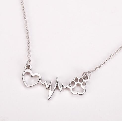 Pets Dogs Footprints Paw Heart Love Chain Pendant Necklace - Vintage tees for Women