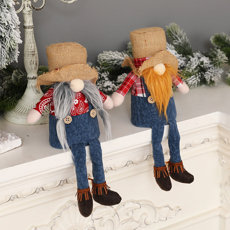 New Christmas long legged hemp Brudorf doll cowboy hat faceless doll window sitting decoration ornaments - Vintage tees for Women