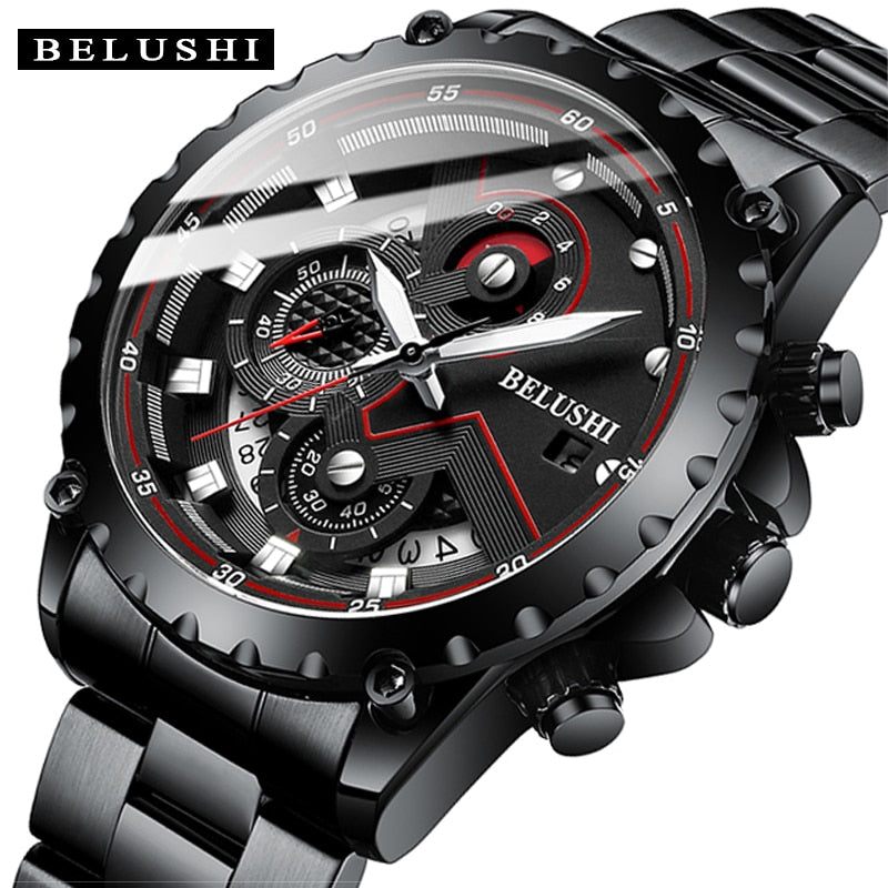 Fashion New Mens Watch | BELUSHI Luxury Chronograph Full Steel Waterproof Quartz Watch