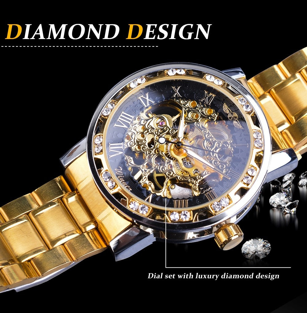 Winner Golden Watch | Classic Rhinestone Clock | Roman Analog Male Skeleton Clocks Mechanical Stainless Steel Band Luminous Watch - Vintage tees for Women