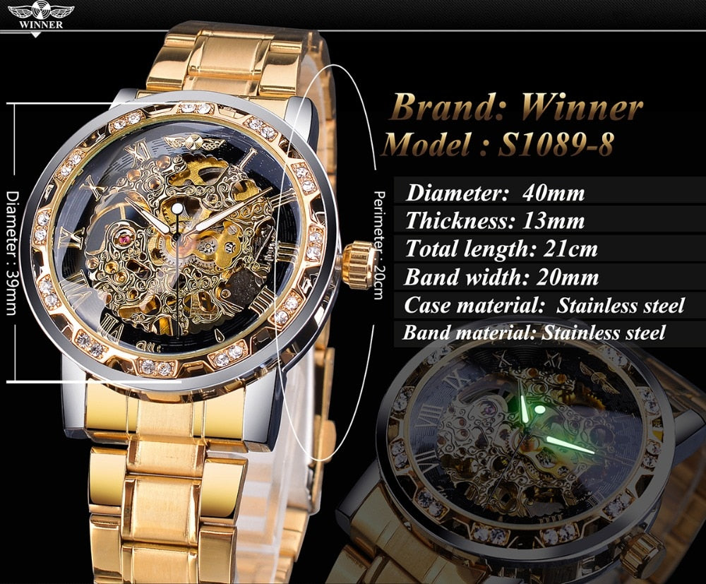 Winner Golden Watch | Classic Rhinestone Clock | Roman Analog Male Skeleton Clocks Mechanical Stainless Steel Band Luminous Watch - Vintage tees for Women