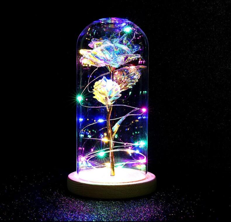 LED Enchanted Galaxy Rose Eternal 24K Gold Foil Flower With Fairy String Lights In Dome - Vintage tees for Women