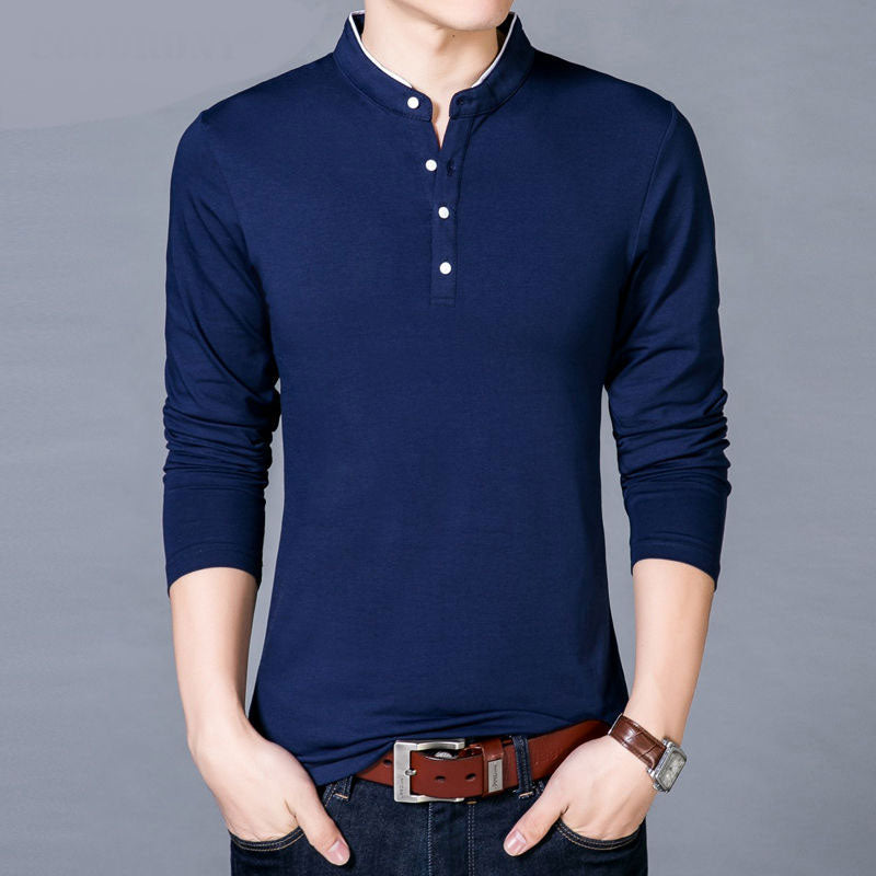 Men's Spring Autumn New Cotton T Shirt Solid Color Mandarin Collar Long Sleeve Top - Vintage tees for Women