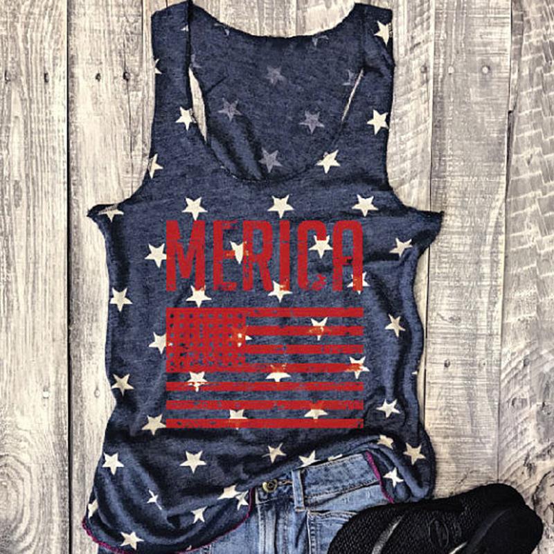 Women Plus Size Top American Flag O Neck Sleeveless Oversize Fashion Crop Tee