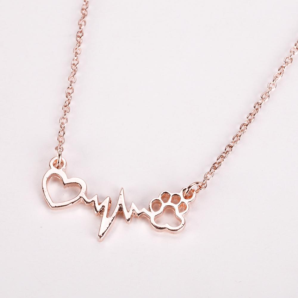 Pets Dogs Footprints Paw Heart Love Chain Pendant Necklace - Vintage tees for Women