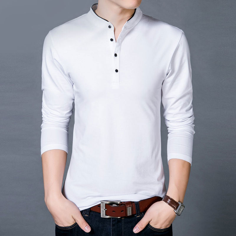Men's Spring Autumn New Cotton T Shirt Solid Color Mandarin Collar Long Sleeve Top - Vintage tees for Women