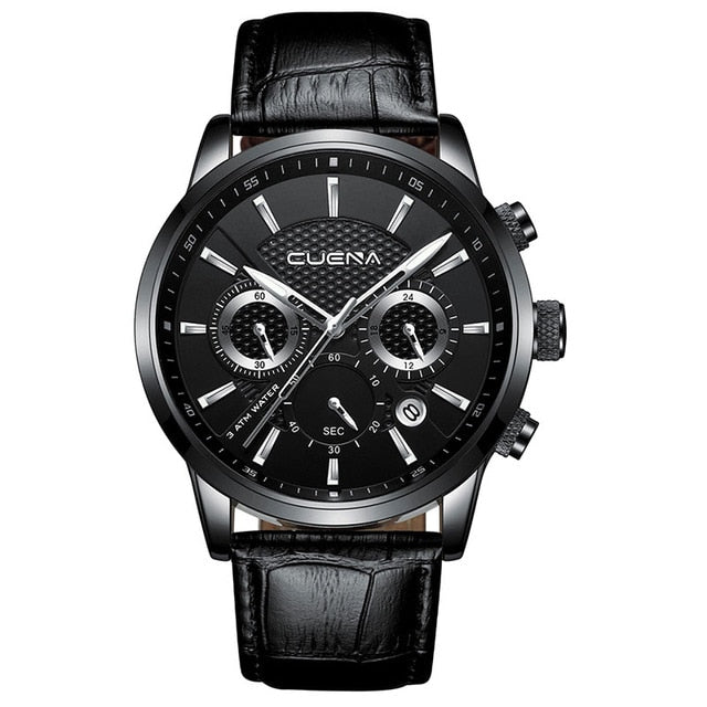 CUENA Men s Watch Stopwatch Date Luminous Hands Genuine Leather