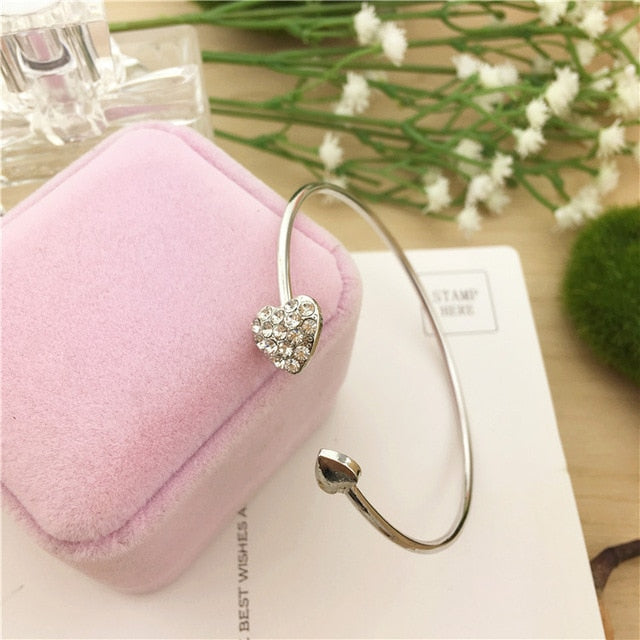 Adjustable Crystal Double Heart Bow Bilezik Cuff | Opening Bracelet For Women Gift - Vintage tees for Women