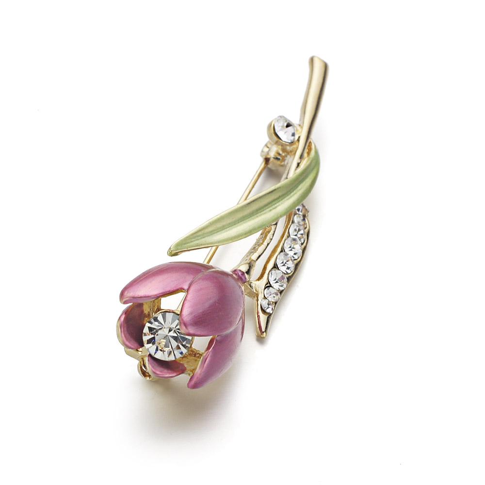 Tulip Flower Brooch Pin Crystal Costume Jewelry - Vintage tees for Women