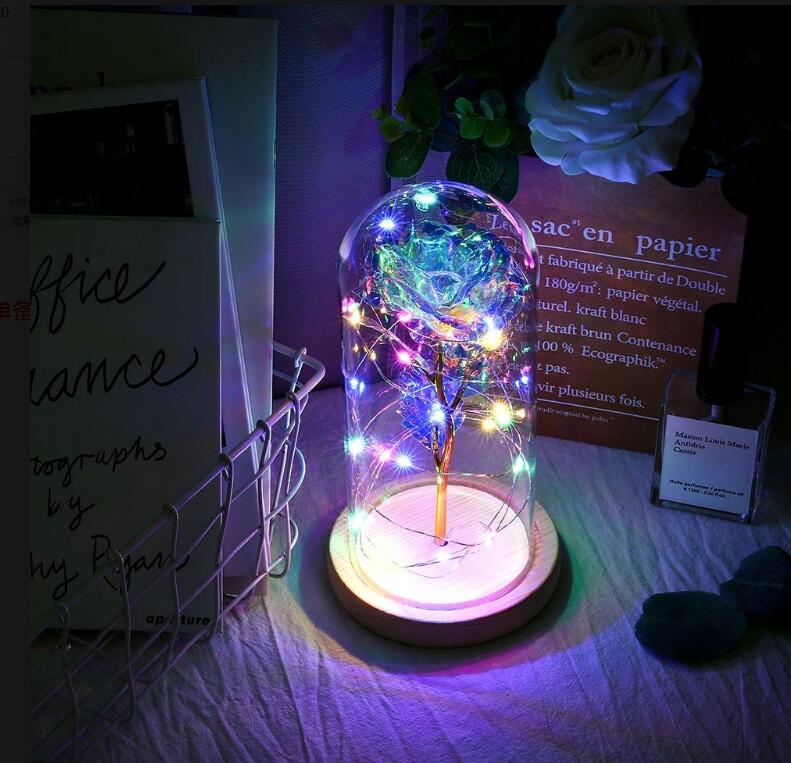 LED Enchanted Galaxy Rose Eternal 24K Gold Foil Flower With Fairy String Lights In Dome