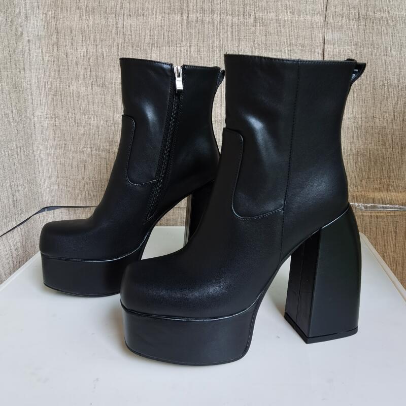 Genuine Leather Women Boots Autumn Winter Thick high heel | Women's Shoes Short boots - Vintage tees for Women