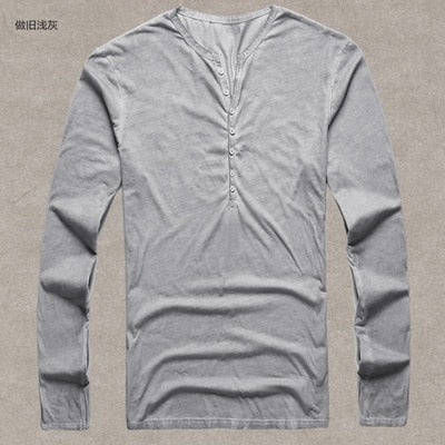 Men Cotton Vintage Henry T Shirts Casual Long Sleeve High quality color Cardigan - Vintage tees for Women