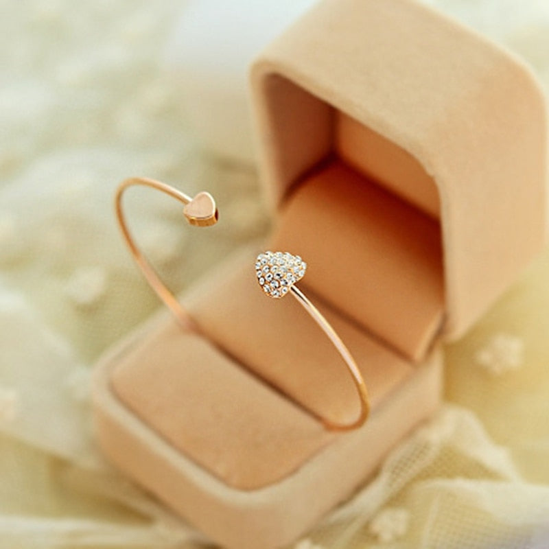 Adjustable Crystal Double Heart Bow Bilezik Cuff | Opening Bracelet For Women Gift - Vintage tees for Women
