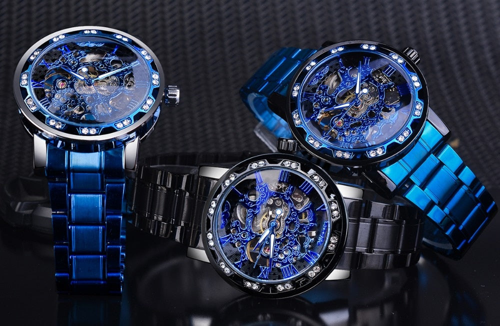 Winner Golden Watch | Classic Rhinestone Clock | Roman Analog Male Skeleton Clocks Mechanical Stainless Steel Band Luminous Watch - Vintage tees for Women