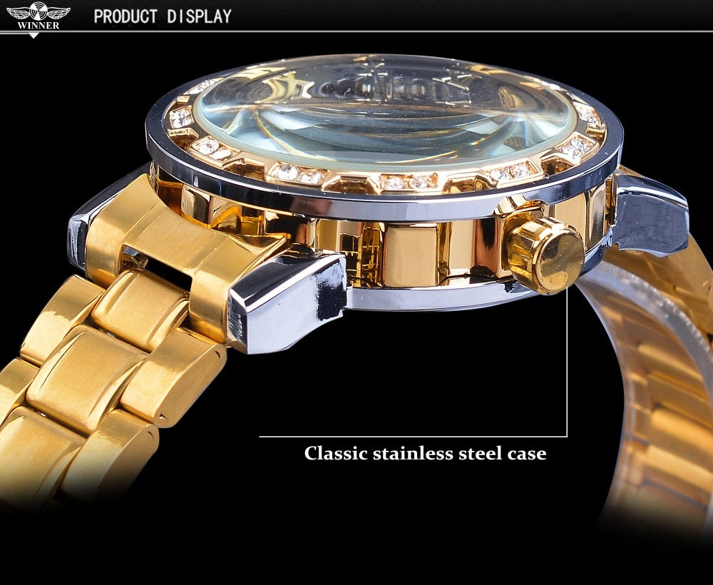 Winner Golden Watch | Classic Rhinestone Clock | Roman Analog Male Skeleton Clocks Mechanical Stainless Steel Band Luminous Watch - Vintage tees for Women