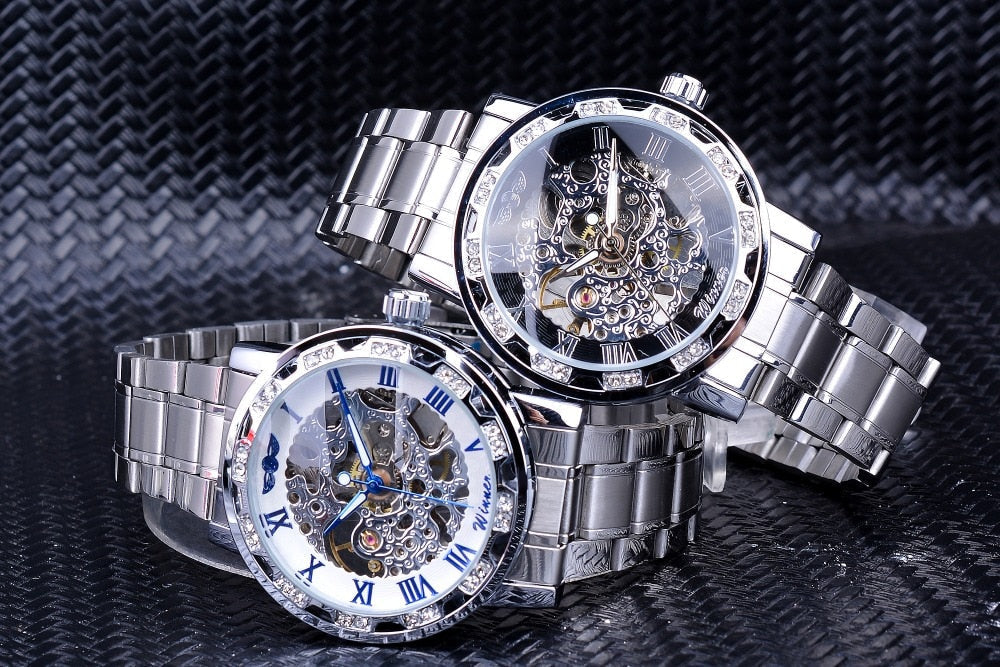 Winner Golden Watch | Classic Rhinestone Clock | Roman Analog Male Skeleton Clocks Mechanical Stainless Steel Band Luminous Watch - Vintage tees for Women