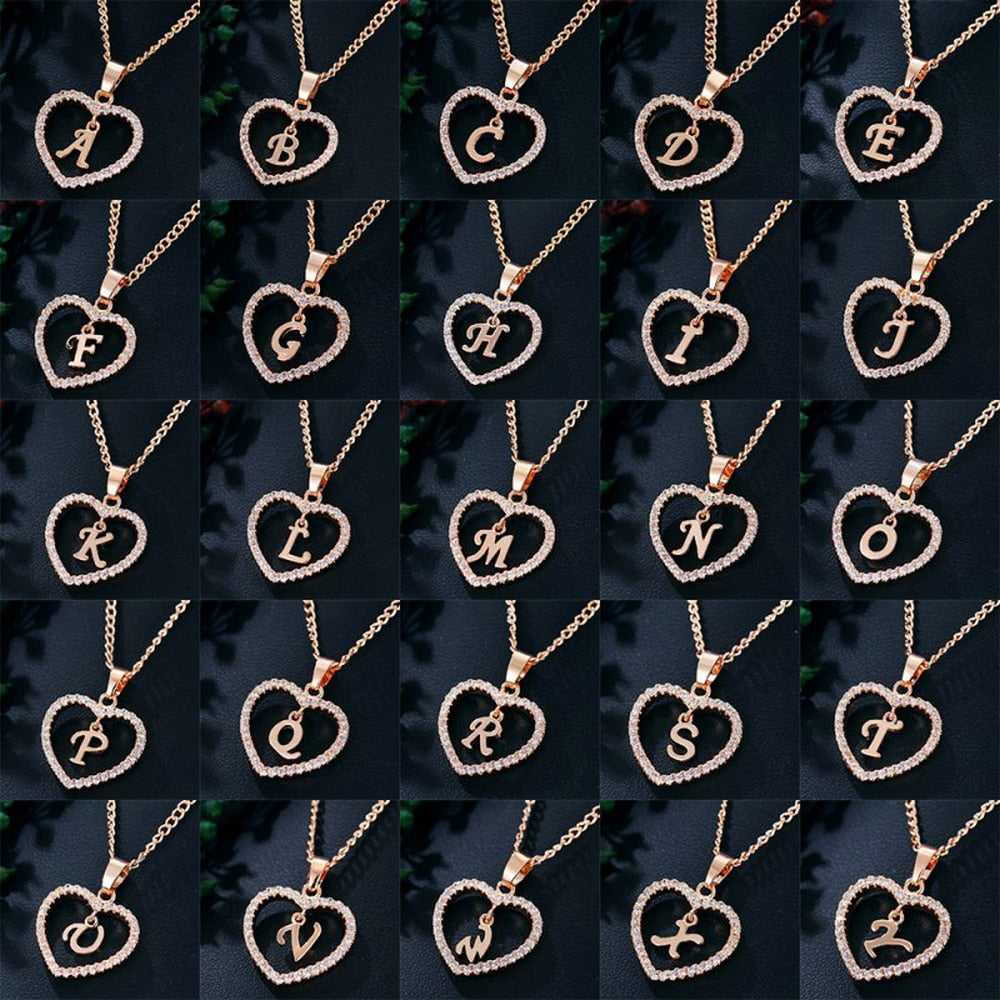 Romantic Love Pendant Necklace For Girls | Women Rhinestone Initial Letter Necklace - Vintage tees for Women